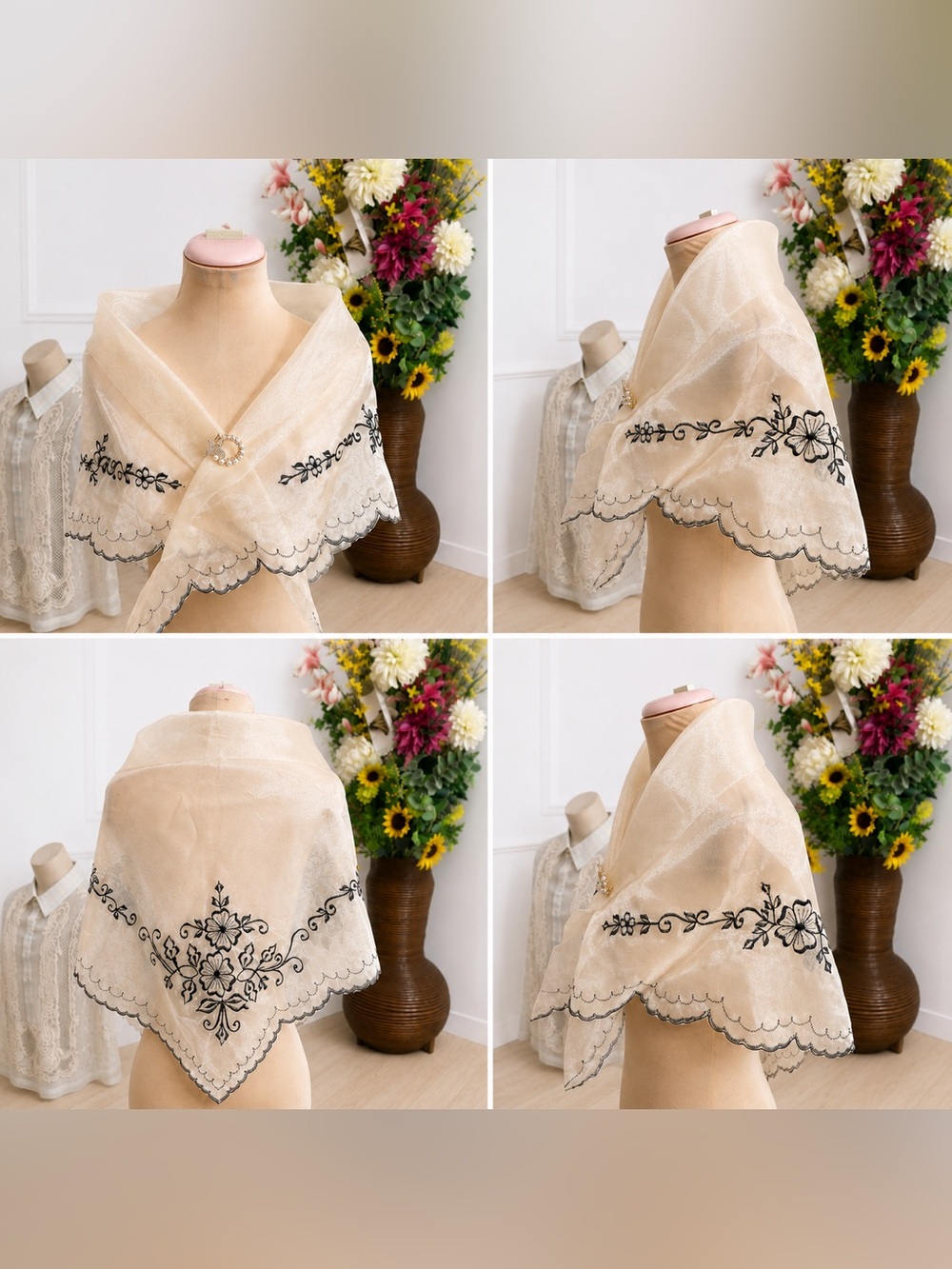 Filipiniana AlampayDelicate Cream Embroidered Floral Shawl with Black Detailing